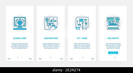 GPS Navigation Global Service Vektorgrafik. UX, UI Onboarding mobile App Seite Bildschirm mit Linie Transport-Technologie gesetzt, um Geo-Standort-Marke auf der Karte, Wahrzeichen Ziel-Symbole Stock Vektor