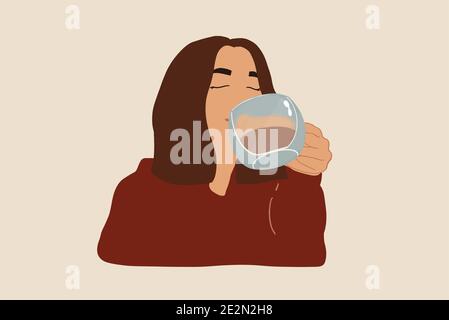Frau trinkt eine große Tasse Kaffee. Vektor-Illustration in Pastelltönen Stock Vektor