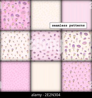 Nahtlose Muster-Set, Cartoon handgezeichnete Süßigkeiten Donuts und Eis, zarte rosa beige lila Farben. Muster für den Druck Verpackung Verpackung Verpackung Banner Textilien Stoffe. Stock Vektor