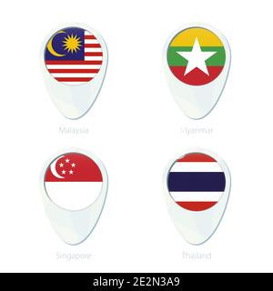 Malaysia, Myanmar, Singapur, Thailand Flagge Lage Karte PIN-Symbol. Malaysia Flagge, Myanmar Flagge, Singapur Flagge, Thailand Flagge. Vektorgrafik. Stock Vektor