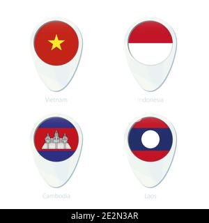 Vietnam, Indonesien, Kambodscha, Laos Flagge Lage Karte PIN-Symbol. Vietnam Flagge, Indonesien Flagge, Kambodscha Flagge, Laos Flagge. Vektorgrafik. Stock Vektor