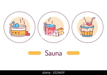 Saunakonzept. Farbsymbole für SPA-Service-Linien. Piktogramme für Webseite, mobile App, Promo. Stock Vektor