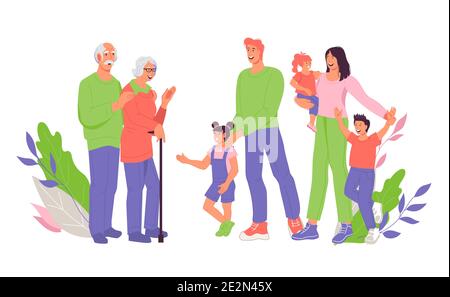 Großeltern, Eltern und Kinder fmily im floralen Hintergrund, Vektor isoliert. Stock Vektor