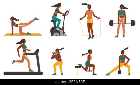 Fitness-Mädchen beim Training mit Sportgeräten Vektor Illustration Set. Cartoon sportliche Frau Charakter in Sportbekleidung tun gesunde Übungen, Laufband Joggen, Bodybuilding isoliert auf weiß Stock Vektor