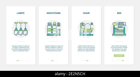 Heim Dekor Möbel Kollektion Vektor Illustration. UX, UI Onboarding mobile App Seite Bildschirm mit Linie dekorative Einrichtung Innenobjekt für Schlafzimmer, Wohnzimmer, Lampe Nachttisch Stuhl Bett Stock Vektor