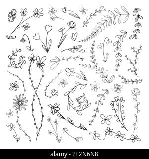 Set aus verschiedenen Blumen, Ästen, Blättern und anderen Pflanzenelementen. Skizze, Doodle-Stil Stock Vektor