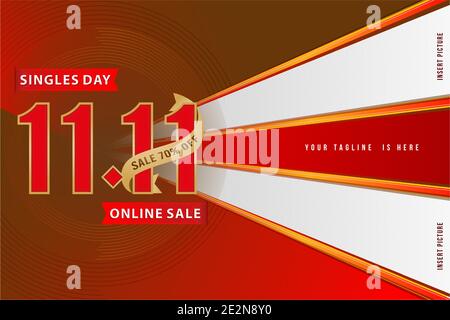 11.11 Verkaufsbanner, 11.11 Online-Verkauf, Einzel-Day-Festival, Farbverlauf rot mit goldenem Band, Platz für Einlegebild, 1111 Online-Shop-Schilder Stock Vektor