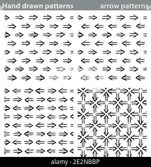 Vier verschiedene nahtlose Muster mit handgezeichneten Pfeilen. Stock Vektor