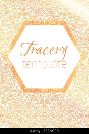 Vertikale Luxus-Karte mit Gold Blumenmuster mit Dekorationen und Platz für Text. Banner mit Kaleidoskop Ornament. Vektor Natur leer. Vorlage w Stock Vektor