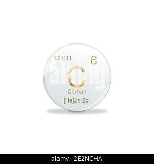 Carbon Symbol - C. Element des Periodensystems auf weißem Ball mit goldenen Zeichen. Weißer Hintergrund Stockfoto