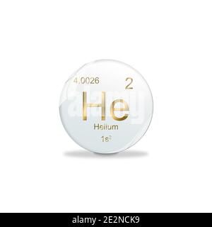 Helium-Symbol - He. Element des Periodensystems auf der weißen Kugel mit goldenen Zeichen. Weißer Hintergrund Stockfoto