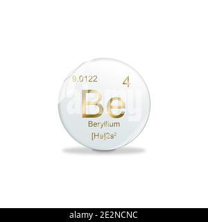 Beryllium-Symbol - Be. Element des Periodensystems auf der weißen Kugel mit goldenen Zeichen. Weißer Hintergrund Stockfoto