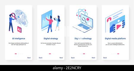 Isometrische künstliche Intelligenz Konzept Vektor-Illustration. UX, UI Onboarding mobile App Seite Bildschirm mit Cartoon 3d ai digitale Technologie, Big Data-Analyse und digitale Medien-Server-Plattform Stock Vektor