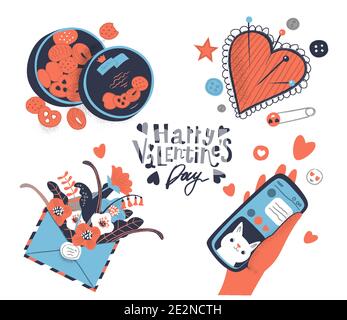 Set von Happy Valentines Day Themen-Icons. Herz, Plätzchen-Box, Umschlag mit Blumen gefüllt, Hand mit dem Smartphone Stock Vektor