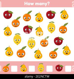 Vektorgrafik. Wie viele Früchte. Apfel, Birne, Orange und Zitrone. Arbeitsblatt für Kinder Kindergarten, Vorschule und Schulalter. Lernnummern. Coun Stock Vektor