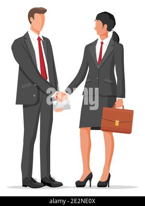 Mann und Frau in Business-Anzügen mit Tasche und Laptop schütteln die Hände. Beziehungen der Partnerschaft Konzept. Business People Partner Handshake. Erfolgreiche Transaktion, Deal. Flache Vektorgrafik Stock Vektor