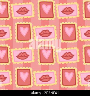 Valentines Day Doodle Vektor siamless Muster der handgezeichneten Mail Briefmarke mit Herzform auf rosa Hintergrund Stock Vektor