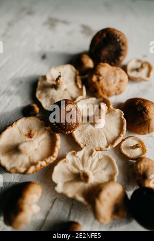 Nahaufnahme von frisch gesammelten braunen Shiitake-Pilzen auf einem rustikalen weißen Tisch. Selektiver Fokus Stockfoto