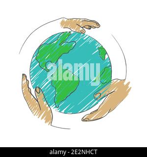 Die Hände der menschlichen Familie halten den Globus. Isoliert auf weißem Hintergrund. Vektorgrafik für Aktien. Stock Vektor