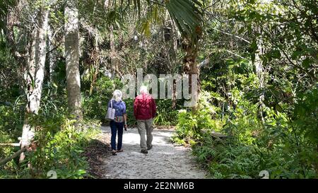 Vero Beach, FL USA - 8. Januar 2021: Ein Seniorenpaar, das auf einem tropischen Felsweg in den McKee Botanical Gardens in Vero Beach, Florida, geht. Stockfoto