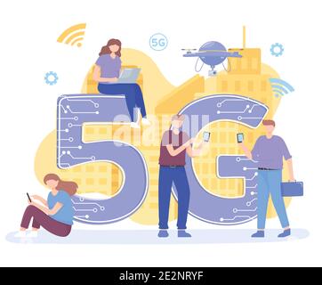 Menschen mit Gadgets nutzen High-Speed-Internet 5G-Netz Wireless Vektorgrafik für Technologie Stock Vektor