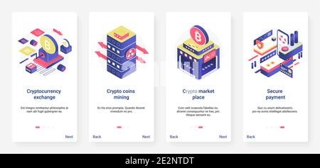 Isometrische Blockchain Krypto-Währung Austausch, Handel in der Börse Vektor-Illustration. UX, UI Onboarding mobile App Seite Bildschirm mit Cartoon 3d Kryptowährung Geld Münzen Bergbau Fintech Service gesetzt Stock Vektor