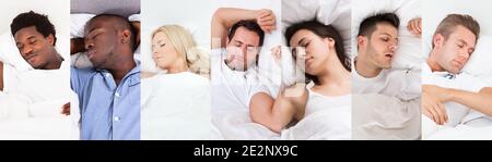 Verschiedene Menschen Schlafen Im Bett Foto Collage Stockfoto