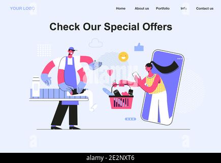 Landing-Page-Vorlage von Online-Verkauf, junge Frau Online-Shop mit Smartphone. Verkäufer tragen einheitliche Packungen Produkte. Vorlage für Landing-Page. Vektor Stock Vektor