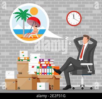 Geschäftsmann Charakter schlafen in Haufen von Papieren. Müde Geschäftsmann oder Büroangestellte schlafen am Arbeitsplatz. Stress bei der Arbeit. Bürokratie, Papierkram, Frist. Vektorgrafik im flachen Stil Stock Vektor