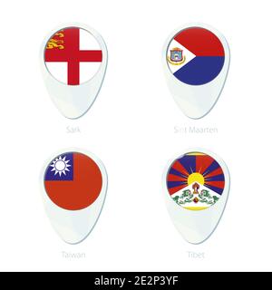 Sark, Sint Maarten, Taiwan, Tibet Flagge Lage Karte Pin-Symbol. Sark Flagge, Sint Maarten Flagge, Taiwan Flagge, Tibet Flagge. Vektorgrafik. Stock Vektor