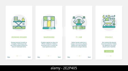 Home Möbel Vektor Illustration. UX, UI Onboarding mobile App Seite Bildschirm mit Linie Einrichtung Dekor, Ankleidezimmer und Kindergarten Inneneinrichtung Sammlung, Bügelbrett Kleiderschrank Stuhl Baby Wiege Stock Vektor