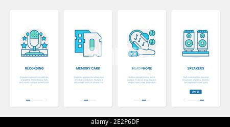 Elektronische Geräte für die Wiedergabe von Musik Sound Vektor Illustration. UX, UI Onboarding mobile App Seite Bildschirm mit Linie Mikrofon Kopfhörer Stereo Lautsprecher Speicherkarte Geräte Symbole Stock Vektor