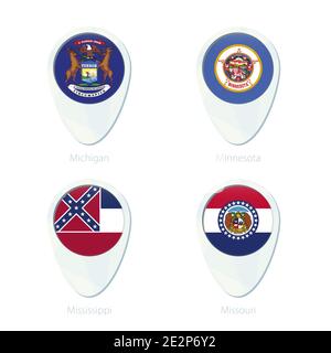 Michigan, Minnesota, Mississippi, Missouri Flagge Karte Pin-Symbol. Michigan Staatsflagge, Minnesota Staatsflagge, Mississippi Staatsflagge, Missouri Sta Stock Vektor