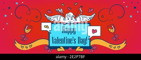 Alles Liebe zum Valentinstag Facebook-Seite, Website Cover. Angel in Netzwerk und Laptop, Text für Online-Party-Chat. Vektorgrafik, Vorlage, Banner, Stock Vektor