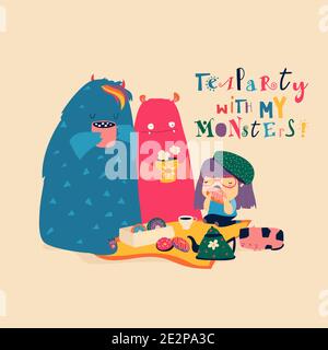 Nettes Mädchen trinkt Tee mit lustigen Monstern Stock Vektor