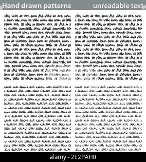 Vier verschiedene nahtlose Muster mit handgezeichneter unlesbarer Text gemacht. Stock Vektor