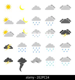 Wetterprognosesymbole. Ikonen verschiedener Naturphänomene und Wetterbedingungen. Stock Vektor
