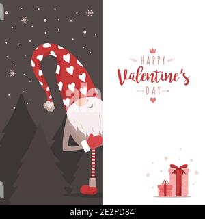 Valentines Gnome mit großem Schild. Weihnachtskarte. Niedliche kleine Elfe in rot mit Herzen. Vektorgrafik im flachen Stil. Nordisches Design für Stock Vektor