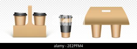 Kaffeetassen in Kraftpapier-Halter. Kartonverpackung für heiße Getränke zum Mitnehmen. Vektor realistische Mockup von blanken braunen Trägern für Einweg-Tee-Tassen mit schwarzen Kappen Stock Vektor
