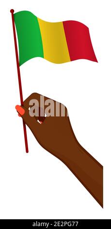 Weibliche Hand hält sanft kleine Flagge von Mali. Design-Element Urlaub. Cartoon-Vektor auf weißem Hintergrund Stock Vektor