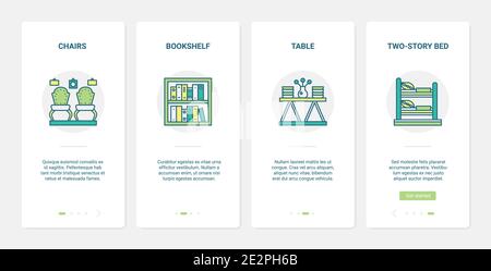 Heim Dekor Möbel Vektor Illustration. UX, UI Onboarding mobile App Seite Screen Set mit Linie dekorative Einrichtungskollektion für Schlafzimmer, Wohnzimmer Interieur, Stühle Regal Tisch Etagenbett Symbole Stock Vektor