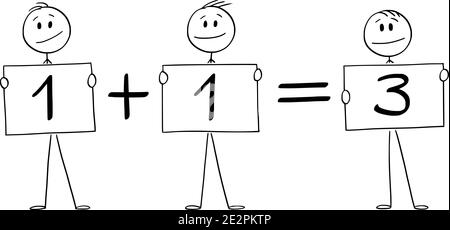 Vektor Cartoon Stick Figur Illustration von drei Geschäftsleuten oder Männern mit einem plus eins gleich drei Zeichen. Geschäftskonzept oder Gewinn und Teamarbeit. Stock Vektor