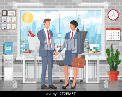 Mann und Frau in Business-Anzügen mit Tasche und Laptop schütteln die Hände. Beziehungen der Partnerschaft Konzept. Business People Partner Handshake. Erfolgreiche Transaktion, Deal. Flache Vektorgrafik Stock Vektor