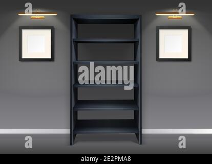 Realistische Vektor-Display-Raum mit schwarzen Regalen und Bilderrahmen. Stock Vektor