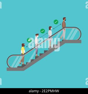 Soziale Distanzierung von Völkern, während sie auf der Rolltreppe stehen. Die neue Normalität. Verhindern Covid-19 Verbreitung in der Gemeinschaft. vektor-Illustration. Stock Vektor