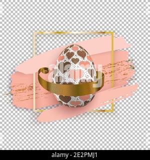 Weißes Osterei im Gold Square mit rosa Blots auf weißem Hintergrund. Grunge. Osterbanner... Herzmuster. Stock Vektor