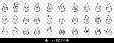 Wassertropfen Emoji Doodle Set. Sammlung von handgezeichneten niedlichen lustigen Wasser oder flüssige Tropfen mit verschiedenen Mimik Emotionen isoliert auf transparentem Hintergrund. Illustration von Tropfen für Kinder Stock Vektor