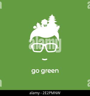 Silhouette des Menschen Kopf in Hipster Brille mit Wald in Haar isoliert auf grün. avatar mit Bäumen und Text. Logo „Ökologie“. Umweltfreundlich. Grüne CO Stock Vektor