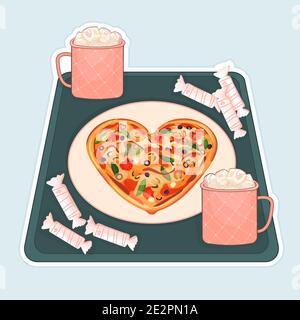 Herzförmige Pizza, Bonbons und zwei rosa gemusterte Tassen heißen Kaffees und Marshmallows befinden sich auf dem Tablett auf blauem Hintergrund Stock Vektor