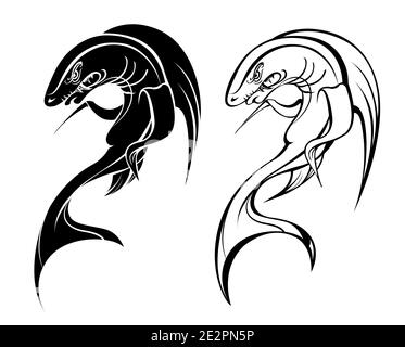 Künstlerisch gezeichnet, konturiert, bedrohlich, toothy, wütend Hai auf weißem Hintergrund. Stock Vektor